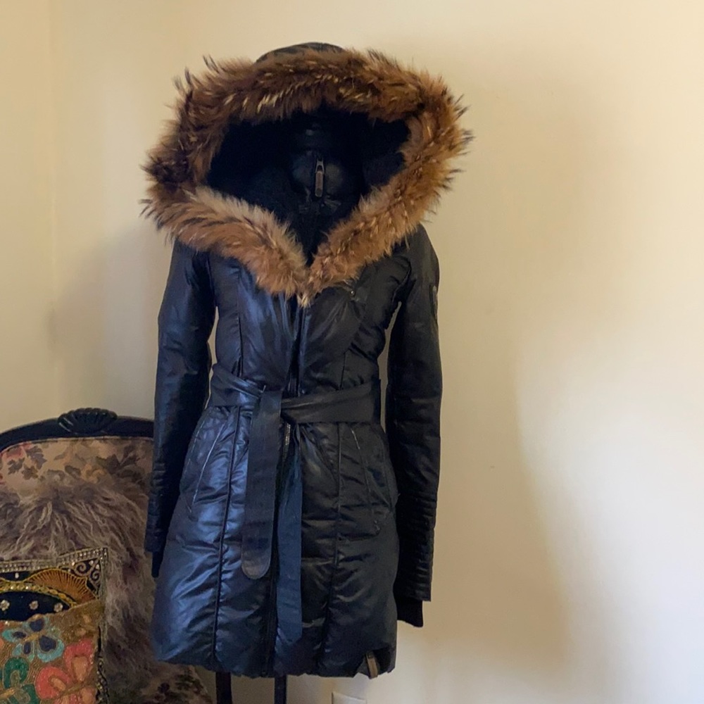 RUDSAK Black Puffer Coat with Brown Faux-Fur Hood Trim